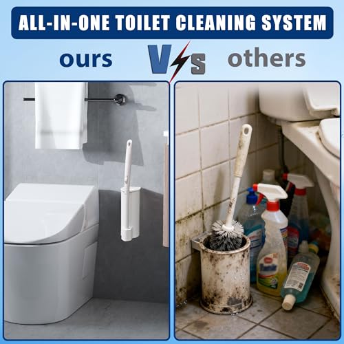 2 Pack Disposable Toilet Brush with 60 Refills, Wall Mounted Toilet Bowl Cleaner Wand Kit and Holder, Bathroom Cleaning Supplies, Toilet Scrubber Disposable Heads