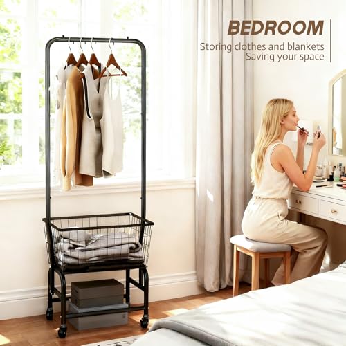 ALIMORDEN Rolling Laundry Cart with Hanging Rack & Metal Basket, Black | 360° Lockable Casters, Wire Laundry Basket Cart, Hanging Rack, Powder Coated Frame for Laundry Room & Bedroom Storage - color: Black
