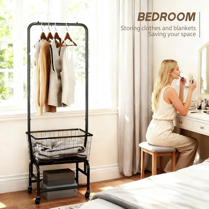 ALIMORDEN Rolling Laundry Cart with Hanging Rack & Metal Basket, Black | 360° Lockable Casters, Wire Laundry Basket Cart, Hanging Rack, Powder Coated Frame for Laundry Room & Bedroom Storage - color: Black