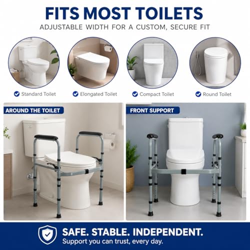 Toilet Safety Rails for Elderly, Foldable Adjustable Frame | 400 lb capacity, stand-alone design, non-slip handles, tool-free assembly, fits standard & elongated toilets