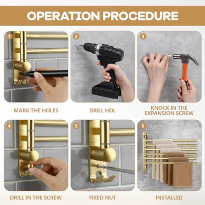 Teenyyou 20.4 Inches Swivel Towel Rack 304 Stainless Steel 6 Arms Bathroom Towel Rack Hanger Pool Holder Wall Mounted Swivel Bar Space Saving with Hook(Gold) - color: Gold, size: 20.4 Inches, style: 6 Arms