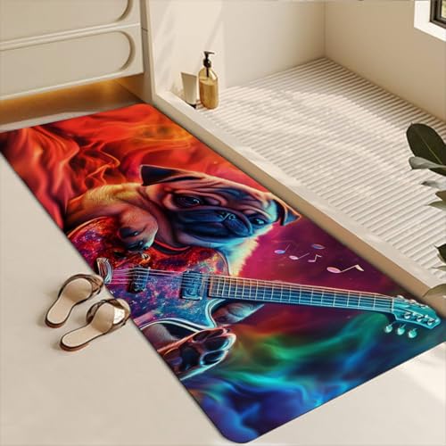 Bathroom Runner Mat Rugs Long,Cute Pug Dog with Guitar Love Heart Music creative Diatomite Stone Bath Mat Large Absorbent Diatomaceous Earth Mat Non Slip Fast Dry Shower Mat Bathroom Rugs 16x42in - color: Design13