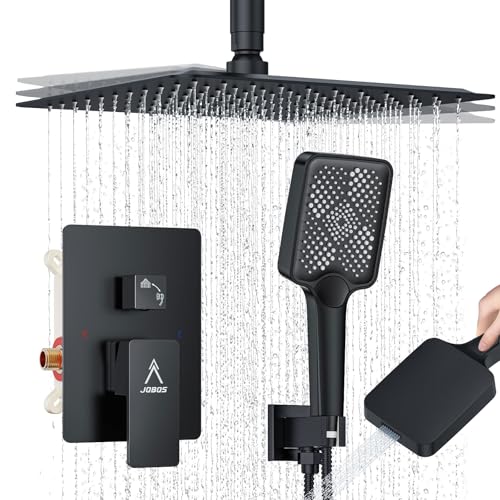 Rain Shower System 12IN Modern Brass Faucet Set With Valve and Diverter Shower Mixer With Handheld High Pressure Square Rainfall Shower Valve (12'' Ceiling Mount, Matte Black) - color: Matte Black, style: 12'' Ceiling Mount