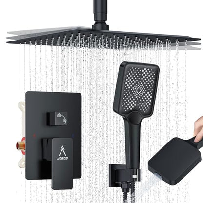 Rain Shower System 12IN Modern Brass Faucet Set With Valve and Diverter Shower Mixer With Handheld High Pressure Square Rainfall Shower Valve (12'' Ceiling Mount, Matte Black) - color: Matte Black, style: 12'' Ceiling Mount