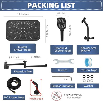 14" High Pressure Rain/Rainfall Shower Heads With Handheld Spray Combo (3+1 Settings & Built-in Power Wash Mode), Double/Dual Shower Head With Handheld - Height/Angle Adjustable(Matte Black) - color: Matte Black, size: 14 Inch