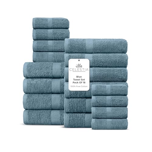 Villa Celestia 100% Cotton Bath Towel Set of 18-4 Bath Towels, 6 Hand Towels, 8 Wash Cloths, Sustainable, Soft, Highly Absorbent, Combed Cotton 18 Piece Set for Hotels, Spa, Bathroom, Dorm, Blue - color: Blue, size: Towel Set - Pack of 18