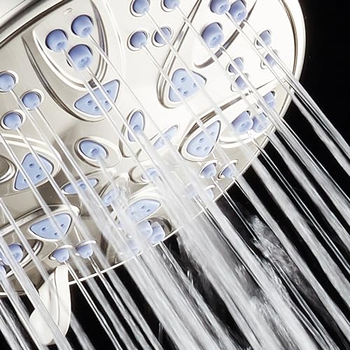 AquaDance Antimicrobial – Anti-Clog High-Pressure 6-Setting Shower Head with Microban Nozzle Protection from Growth of Mold, Mildew & Bacteria for Stronger Shower! 4" Sunset Blue - color: Satin Nickel / Sunset Blue Jets, style: 2.5 Gallons Per Minute
