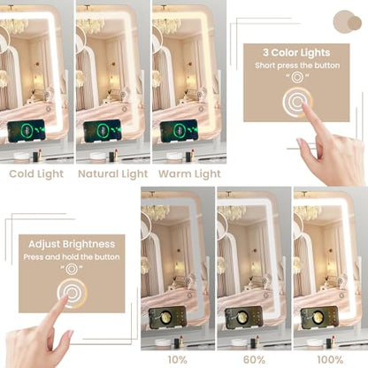Dripex 5-in-1 Lighted Vanity Mirror with Bluetooth Speaker & Wireless Charging, 15"x12" LED Makeup Mirror with Lights 3 Colors Dimmable, Phone Holder Touch Keys 10X Magnification - color: Wireless Charging White