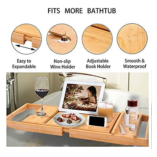 Expandable Bathtub Tray, Bamboo Bathtub Tray, Bathtub Caddy, with Tablet Holder, Mobile Phone Tray and Wine Glass Slot.