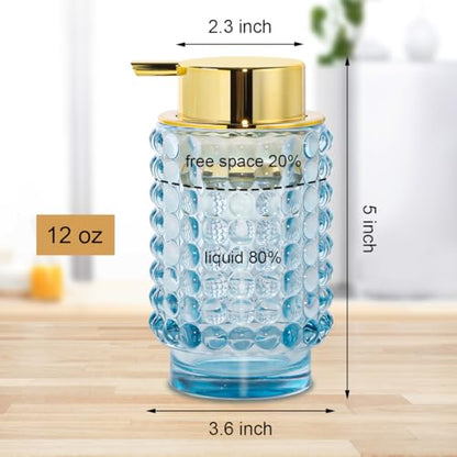 Glass Foaming Soap Dispenser, Blue Foam Hand Soap Dispenser, Bathroom 12 Oz Large Bottle with Gold Pump, Refillable Lotion Pump Container for Bathroom, Kitchen,Hand Soap, Dish Soap, Shampoo - color: Blue