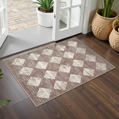 Lahome Checkered Bathroom Rug 2x3 Beige, Non Slip Washable Door Kitchen Mat - color: Beige, size: 2' x 3' (Rectangular)