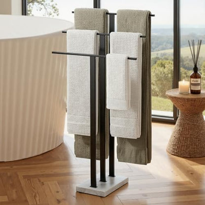 KES Standing Towel Rack with Marble Base, 3-Tier, Matte Black, 36-Inch | 18/8 Stainless Steel, 8.23 Lbs Weighted Base, Anti-Slip Pads, No Drilling Assembly, Freestanding Holder For Bathroom - color: Black
