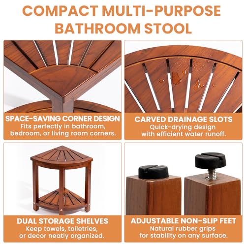 Axeman Space-Saving Teak Shower Stool with Storage Shelf - 12" Corner Shower Bench for Small Spaces - Waterproof 2-Tier Design for Shaving, Bathing & More (350lb Capacity)