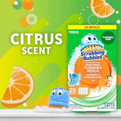 Scrubbing Bubbles Flushable Toilet Bowl Wand Cleaner Refills, Fresh Brush Cleaner Toilet Refill Pads, Removes Limescale & Odors, Citrus Scent, 20 Count (Pack of 2) - size: 20 Count (Pack of 2), style: Refill