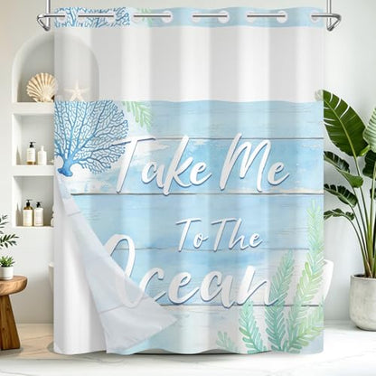 No Hook Shower Curtain and Liner Set with Detachable Liner, Ocean Blue Shower Curtain with Sheer Top Window and Weighted Hem, Waterproof Summer Shower Curtains for Bathroom, 71x74 Inches - color: Fresh Ocean