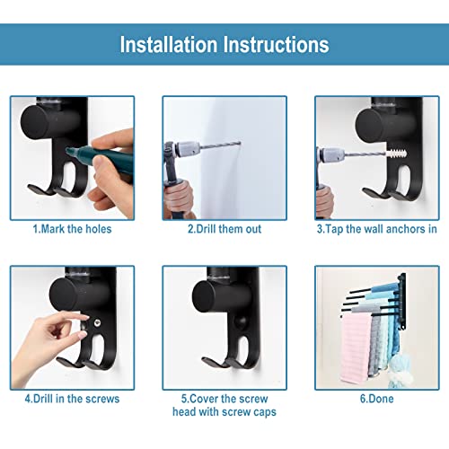 5-Arm Swivel Towel Rack - 180° Rotating Wall Mounted - 304 Stainless Steel Rustproof - Heavy Duty Space Saving for Bathroom Kitchen Laundry Room (Matte Black) - color: Black, size: 5 Arms