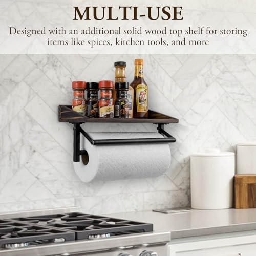 MyGift Black Metal Paper Towel Holder Wall Rack with Rustic Wood Shelf | Top shelf stores seasonings and essentials while the wall-mounted design keeps paper towels rolls accessible - color: Matte Black Metal Paper