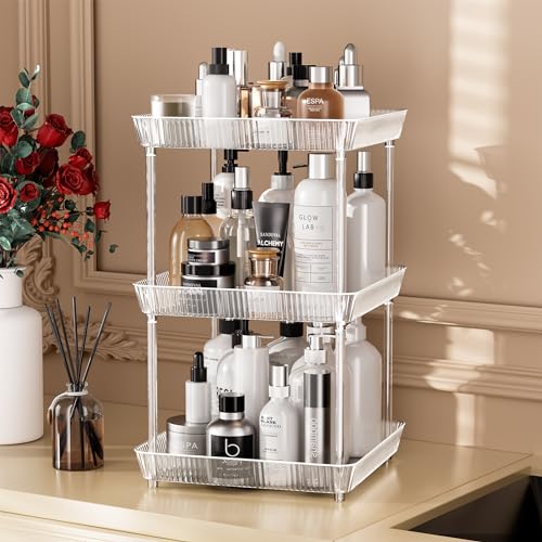 3 Tier Lazy Susan Bathroom Countertop Organizer, 360° Clear Rotating Square Storage Tray, Cosmetics and Perfume Organizer, Spinning Storage Tray Vanity Organizer Shelf for Bathroom Cabinet, Kitchen - size: 3 Tier /10.6 In Square