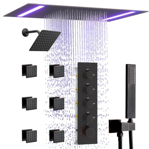 Thermostatic Shower System with 14x20 Inch Ceiling Mount LED Head & 6 Inch Wall Head and Handheld Shower 4 Function Vale with body jets, Oil Rubbed Bronz - color: Oil Rubbed Bronz, style: 14x20 led+6 jets