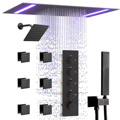 Thermostatic Shower System with 14x20 Inch Ceiling Mount LED Head & 6 Inch Wall Head and Handheld Shower 4 Function Vale with body jets, Oil Rubbed Bronz - color: Oil Rubbed Bronz, style: 14x20 led+6 jets