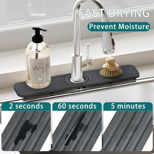 Faucet Mat for Kitchen Sink Water Absorbing Stone Tray for Bathroom Counter | 19.7 x 4 inch, Faucet Splash Guard, Quick Dry, Raised Feet, Diatomaceous Earth, Sink Protector, Kitchen Sink Accessories