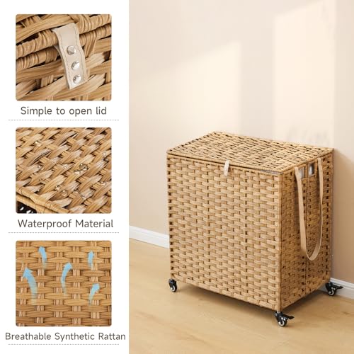 Laundry Hamper with Wheels, 39.6 Gallon(150L) Rolling Laundry Basket with Lid, Removable Large 2 Color Liners & 3 Mesh Laundry Bags, Clothes Hamper with Side Pocket, Natural - color: Natural, size: 23.62"L x 15.75"W x 25.6"H