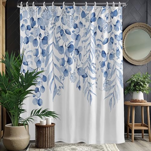 KAIRA Eucalyptus Shower Curtain,72"x72",Boho Bathroom Decor,Cornflower Blue | Plant Leaves Design,Includes Hooks,Polyester Fabric,Create a Spa-inspired Look for Modern, Farmhouse and Minimalist Bathrooms - color: Cornflower Blue