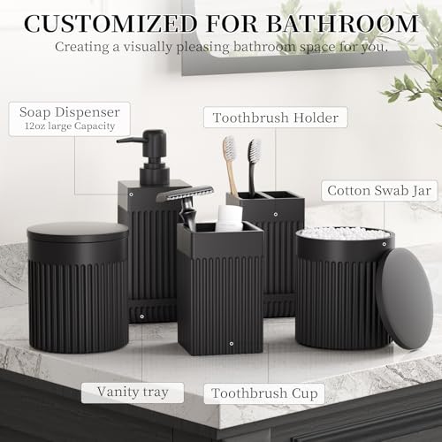 6-Piece Black Bathroom Set - Sleek Resin Organizer with Soap Dispenser, Toothbrush Holder, Vanity Tray, Tumbler & Apothecary Jars for Small Spaces - color: Black