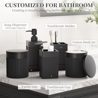 6-Piece Black Bathroom Set - Sleek Resin Organizer with Soap Dispenser, Toothbrush Holder, Vanity Tray, Tumbler & Apothecary Jars for Small Spaces - color: Black