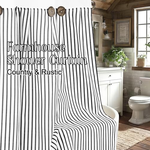 ASPMIZ Farmhouse Striped Shower Curtain and Liner Set No Hook, Black 71x86 | No Hook Shower Curtain with Snap in Liner Fabric, Rustic Washable Waterproof Bathroom Curtains with Button, Mesh Top Window - color: Black Striped, size: 71"W x 86"L (Pack of 1),