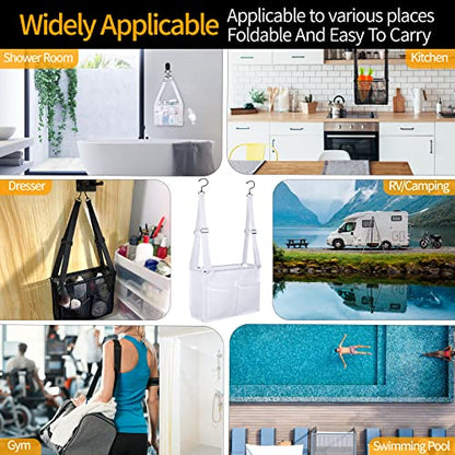 4 Storage Pockets Adjustable Hanging Mesh Bathroom Bag, Shower Caddy College with Hooks, Applied to College Dorm Rooms, Gym, Swimming and RV Travel (White) - color: White