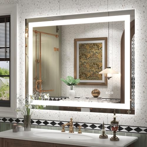 40x32 LED Lighted Bathroom Mirror for Vanity Wall | Front Light and Backlit, Anti-Fog, Memory, 3 Color, Tempered Glass, Dimmable, Rectangular, UL, Horizontal/ Vertical Mounted - color: Rectangular Led Bathroom Mirror, size: 40"L x 32"W
