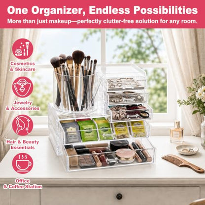 2-Tier Acrylic Makeup Organizer, 360° Rotating Brush Holder & 5 Drawers | Stackable Design; 5 Detachable Drawers; Crystal Clear Display; Space-Saving Countertop Caddy for Vanity, Bedroom & Bathroom - size: 2 Tier-5 Drawers