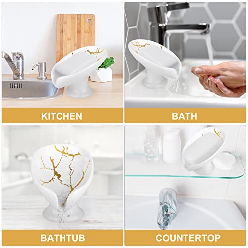 Soap Dish for Shower Ceramic Soap Holder Self Draining Leaf Shape Bar Soap Tray, Marble Pattern White Drain Soap Dish Holder for Bathroom,Easy Cleaning Keep Soap Dry - color: White