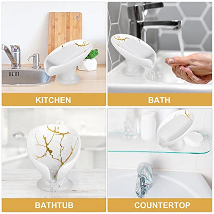 Soap Dish for Shower Ceramic Soap Holder Self Draining Leaf Shape Bar Soap Tray, Marble Pattern White Drain Soap Dish Holder for Bathroom,Easy Cleaning Keep Soap Dry - color: White
