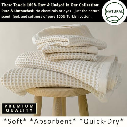 PÜSKÜL Raw-Undyed Natural 100% Turkish Cotton Waffle Towels Set of 4-Piece | 2-Bath sheet (Extra-large 32x63") and 2-Hand towel (Large 32x16"). Premium honeycomb-waffle weave, oeko-tex made in Turkiye. - color: Natural Beige