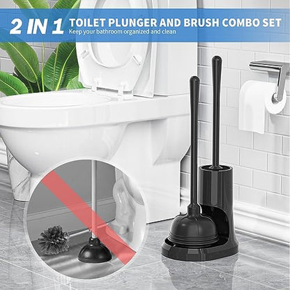 Toilet Plunger and Brush, Bowl Brush and Heavy Duty Toilet Plunger Set with Holder, 2-in-1 Bathroom Cleaning Combo with Modern Caddy Stand for for 5.7-inch Toilet Drain Bathroom Cleaning - color: Black