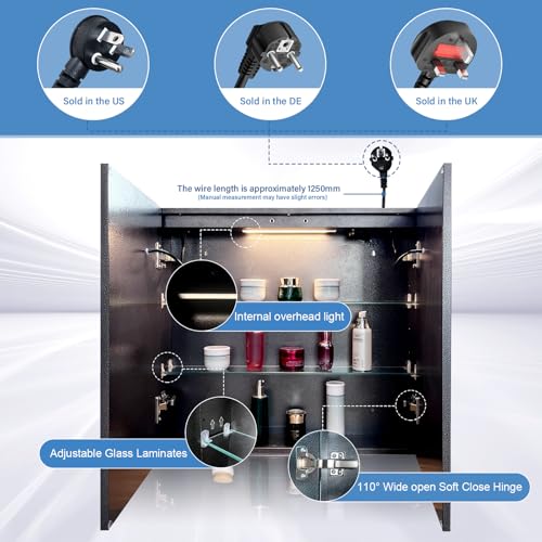 Black Bathroom Mirror Medicine Cabinets with LED Lights, Wall Mounted Mirror Medicine Cabinet with Adustable Shelf, Shaver Socket and Plug, 2 Doors, Anti Fog, Dimmable, Memory Function, 25.5 x 24 inch