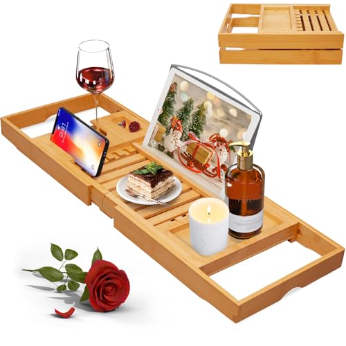 Bathtub Tray Caddy, Expandable Bamboo Bath Tray for Tub | Foldable Bath Table Trays with Non-Slip Pads, Bathroom Spa Accessories, Ideal Gift for New Home & Mom's Birthday - color: Bamboo