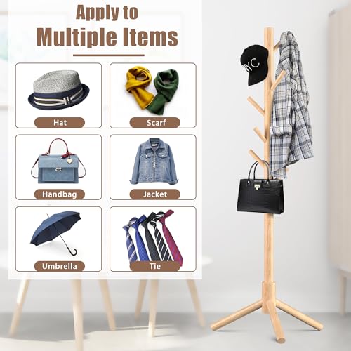 Haddockway 3 Adjustable Freestanding Wooden Coat Rack Stand 8 Hooks,Hallway - color: Natural, size: 1 PC