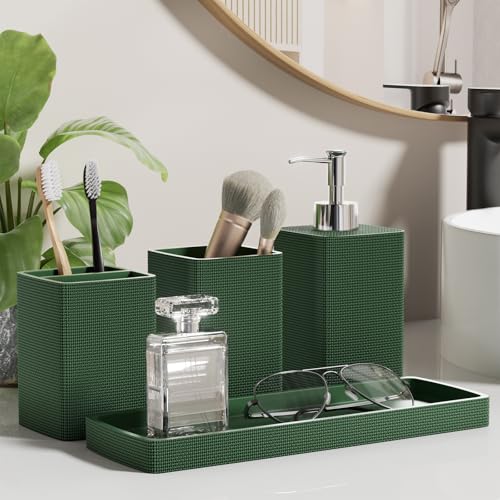 Green Bathroom Set, Dark Green Bathroom Accessories Set with Shower Curtain and Rugs, Bath Towel Sets, Natural Loofah Sponge, Soap Dispenser, Toothbrush Holder, Bathroom Tumbler and Tray for Bathroom - size: Bath Set+Shower Curtain+Rugs+Towel Set+2PCS Loo
