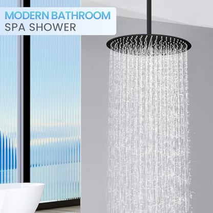 16 inch Matte Black Round Ceiling Rainfall Shower Head, All Metal Stainless Steel 304, Full Body Rainfall Shower with 230 Silicone Nozzles - color: Matte Black, size: 16 Inch