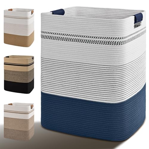 Laundry Hamper, 75L Tall Laundry Basket with Leather Handles, Rectangle Large Clothes Hamper for Organizing, Cotton Woven Laundry Baskets Storage Hampers for Bedroom, Nursery, Living Room - color: Dark Blue & White, size: 75L