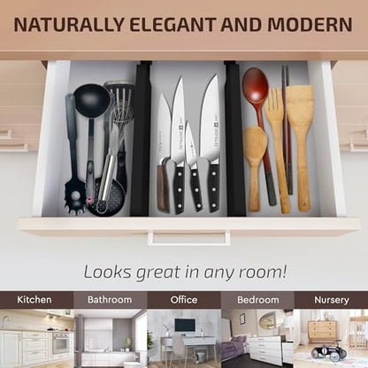 6-Pack Drawer Dividers 2.6-Inch High Dresser Organizer 16 to 22 Inch, Black | Bamboo, Spring Loaded, No Tools Needed, Fits Wide Drawers for Socks, Clothes, Utensils, Bedroom, Bathroom, Kitchen, Office - color: Black