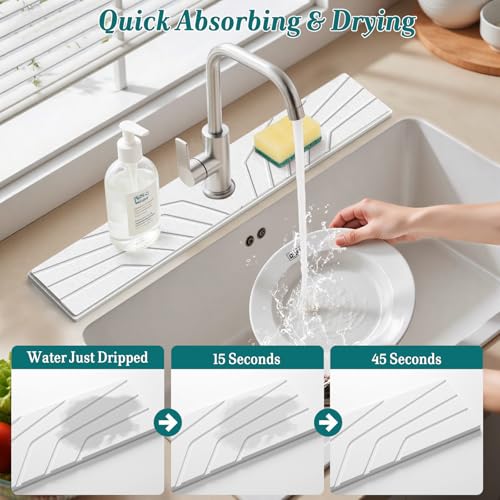 FEELSO Stone Faucet Mat for Kitchen Sink with Non-Slip Silicone Ring, Absorbent Diatomite Faucet Stone Drying Mat & Sink Splash Guard with 5° Slope Fast Draining, Sink Protector for Bathroom Counter