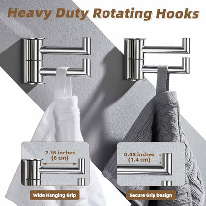 Swivel Wall Hooks with 2 Arm, 2 Pack, Polished Chrome, Wall Mounted | Rust-resistant 304 Stainless Steel, Double Towel Hooks for Bathroom Kitchen closet, Flexible 180° Swivel, Heavy-duty 11 lbs - color: Polished Chrome, size: 2 Pack