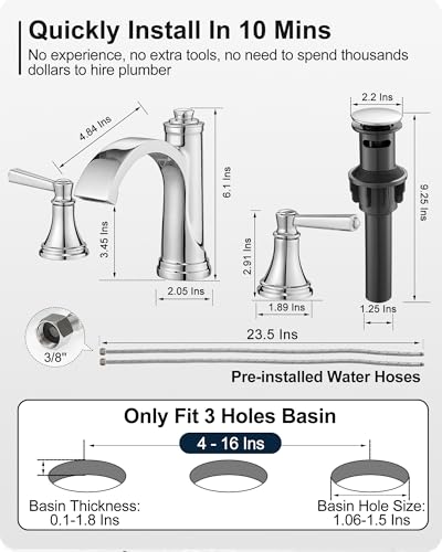 Waterfall Chrome Bathroom Faucet 3 Hole, Brass 4-16 Inch Widespread Bathroom Sink Faucet with Pop Up Drain, cUPC Supply Lines and 2 Handles for Vanity, Restroom, 10 Min Install - color: Chrome