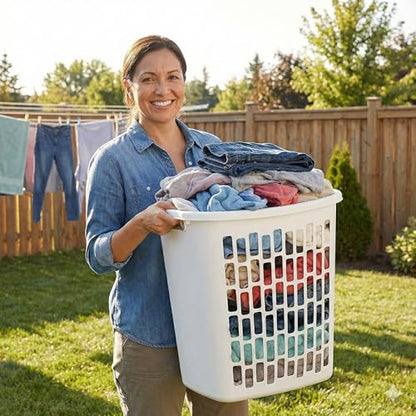 Bushel Laundry Hamper, Slim Rectangular Ventilated Plastic Clothes Basket, Heavy Duty Washing Bin With Reinforced Handles for Bathroom, Dorm, and Closet Organization, White, 1 Pack