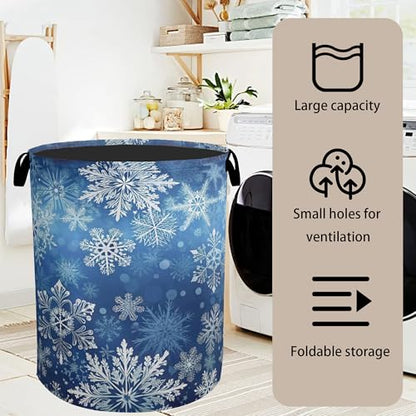 Winter Snowflakes Large Clothes Hamper Bag - Laundry Basket with Handles, Space Saving Foldable Design for Nursery - color: Winter Snowflakes
