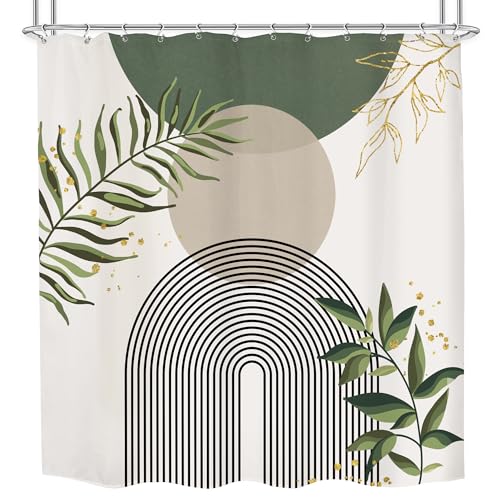 Green Boho Mid Century Shower Curtain 72Wx72H Abstract Gold Leaves Grey Modern Sun Arch Minimalist Geometric Aesthetic Plant Bathroom Decor Neutral Bath Curtain Polyester 12 Pack Hooks | 72Wx72H Olive Green Mid Century Modern Mint Green Waterproof Polyest